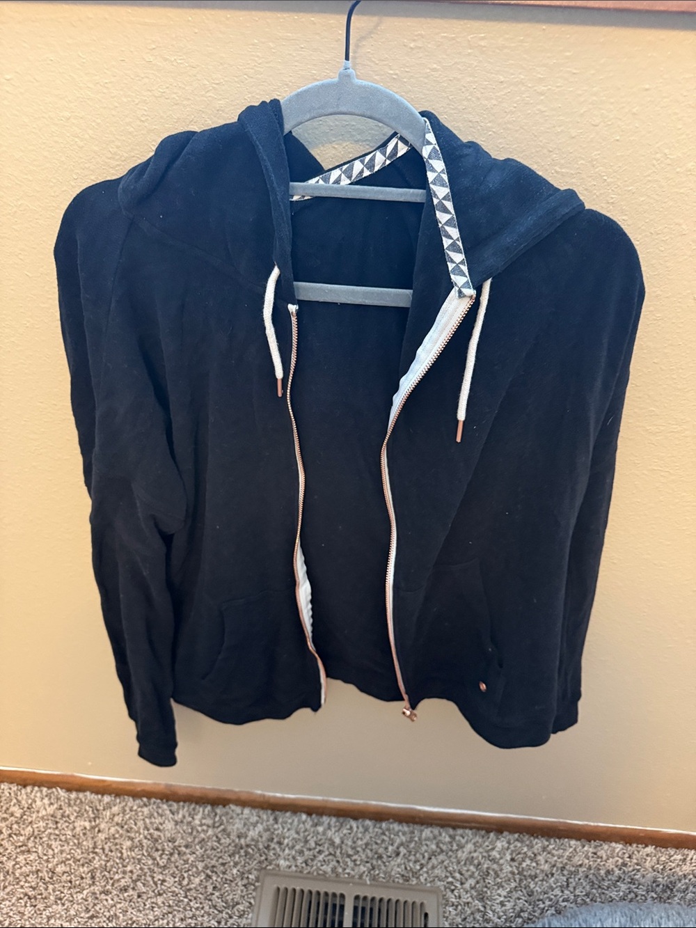 Volcom Black Zip Hoodie with Patterned Hood Trim